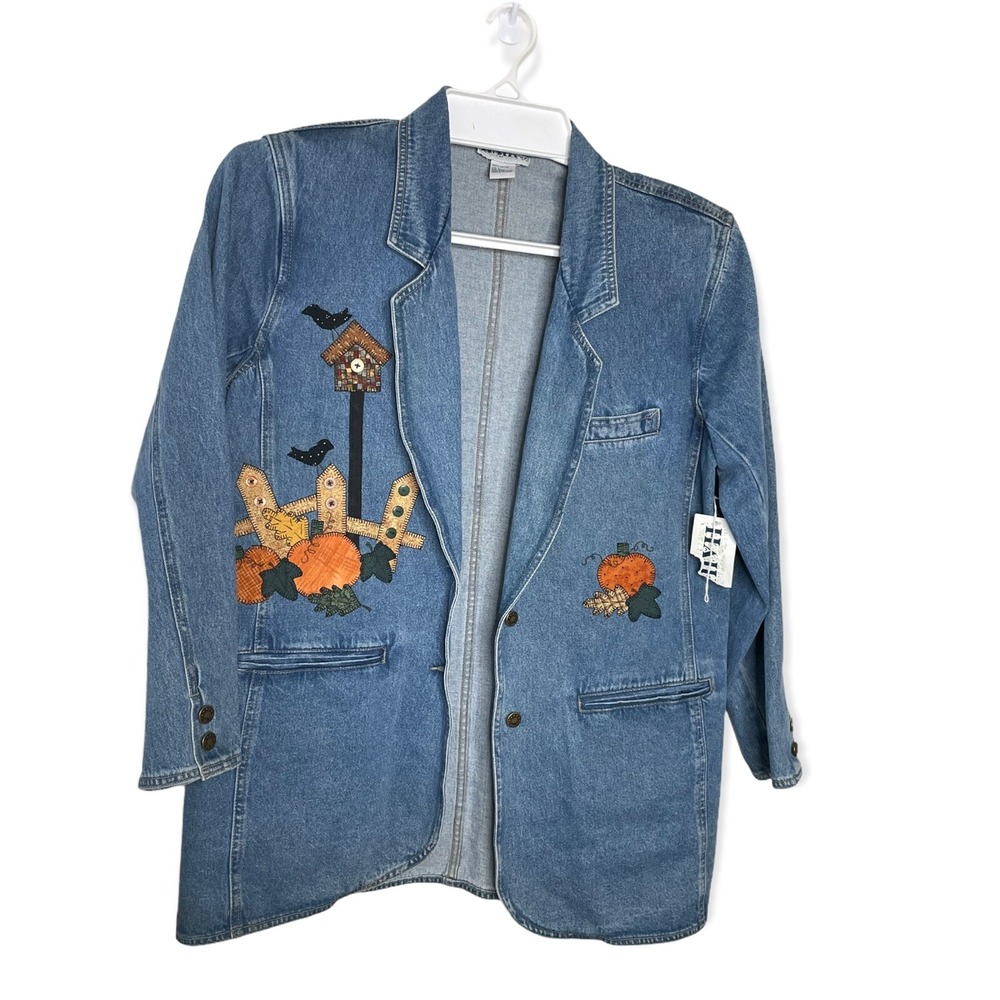 Haiks Woman's Fall Denim Jacket Size L Harvest‎ Pumpkin Patch NEW